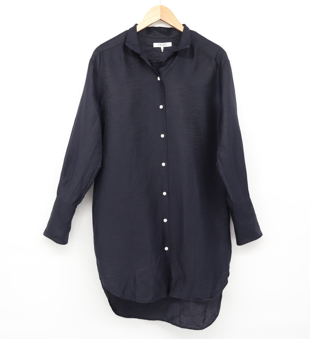 Frame Sz S Women's Linen Button Down Long Sleeve Navy Coastal Dress